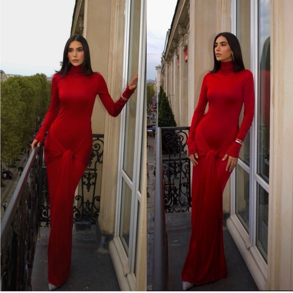 slinky jersey sarong maxi dress in samba red helsa the color of the season: RED all over the city during fashion week we've been seeing pops of red, and #ElsaHosk in her latest collection for #HELSA did not disappoint. Featuring the HELSA Slinky